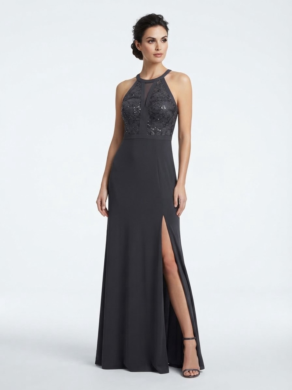 NW Nightway Charcoal Gray Halter Evening Gown 4